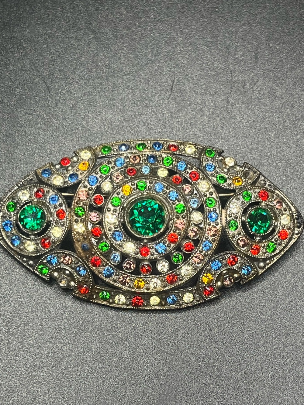 Vintage c.1930s Art Deco Uranium Glass Eye Brooch Colorful Rhinestone Statement
